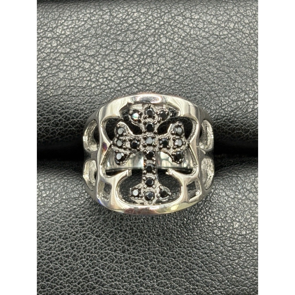 New Condition Sterling Silver Black Cubic Zirconia Cross Ring Size 7 G9